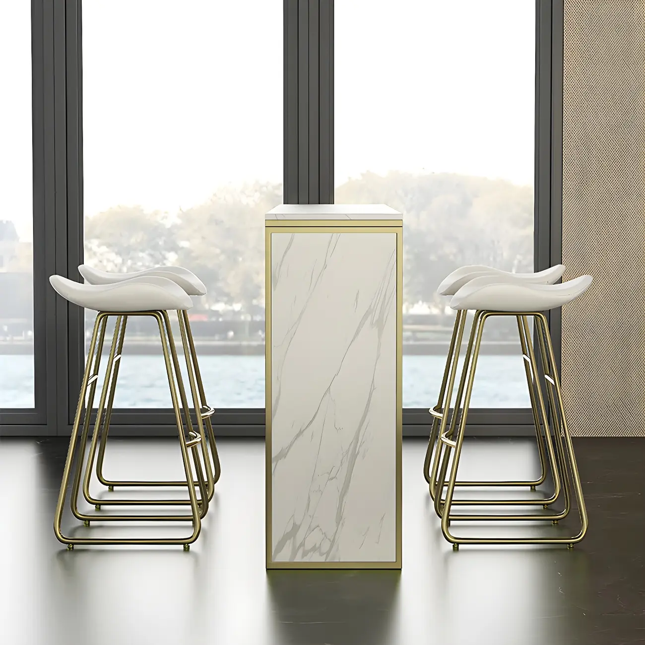 Modern White Faux Marble Iron Sled 2-Shelf Bar Tables