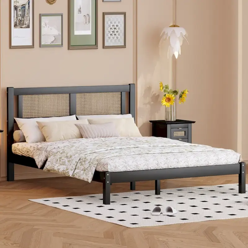 Black / White Natural Rattan Headboard Platform Bed with Wood Slats, Boho Style, Full / Queen, 2-Person