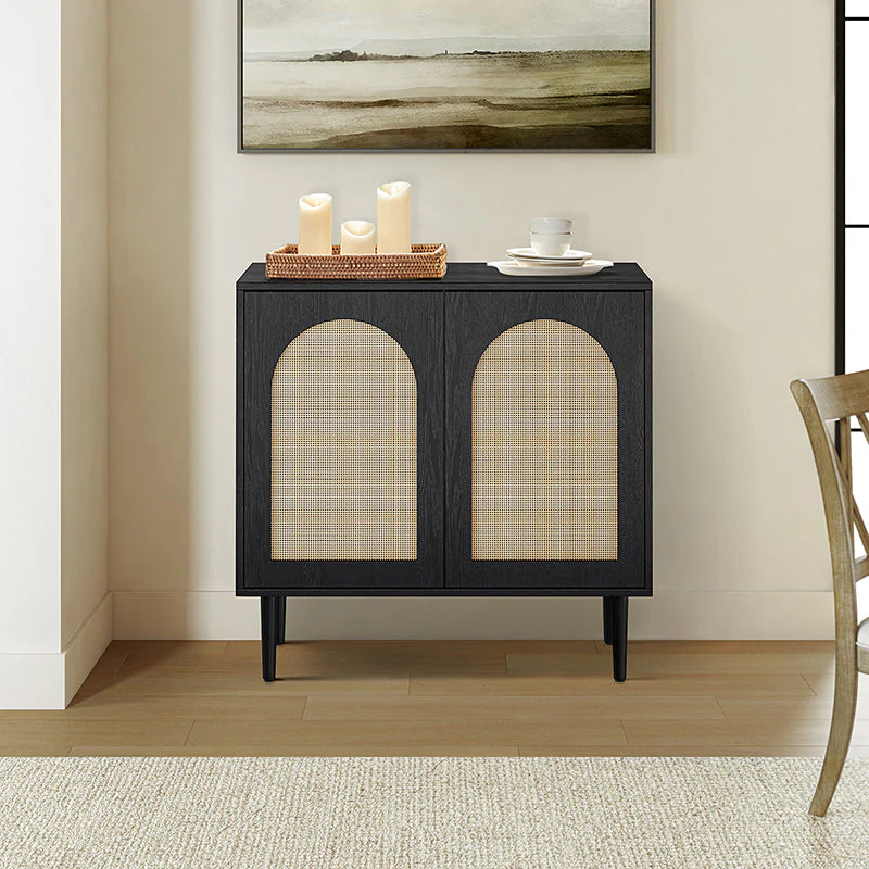 32 in Tall Rattan 2-Door Accent Cabinet with 4 Removable Shelves & Solid Wood Legs | Black / Oak | Single