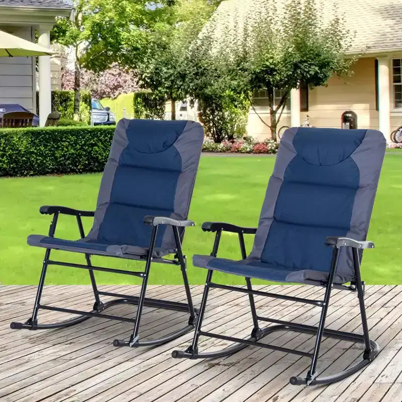 Set of 2 Outdoor Folding Rocking Chair Padded Camping Rocker Chairs with Armrests for Patio Lawn Beach