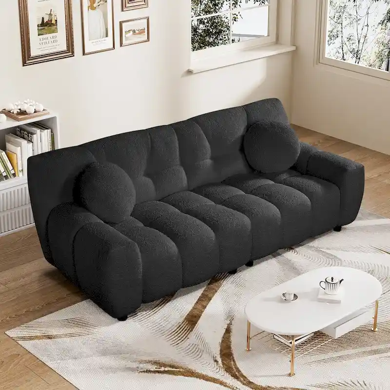 Black / Beige / Green Boucle Cloud Deep Seat Tufted Sofa - Fits 2 People