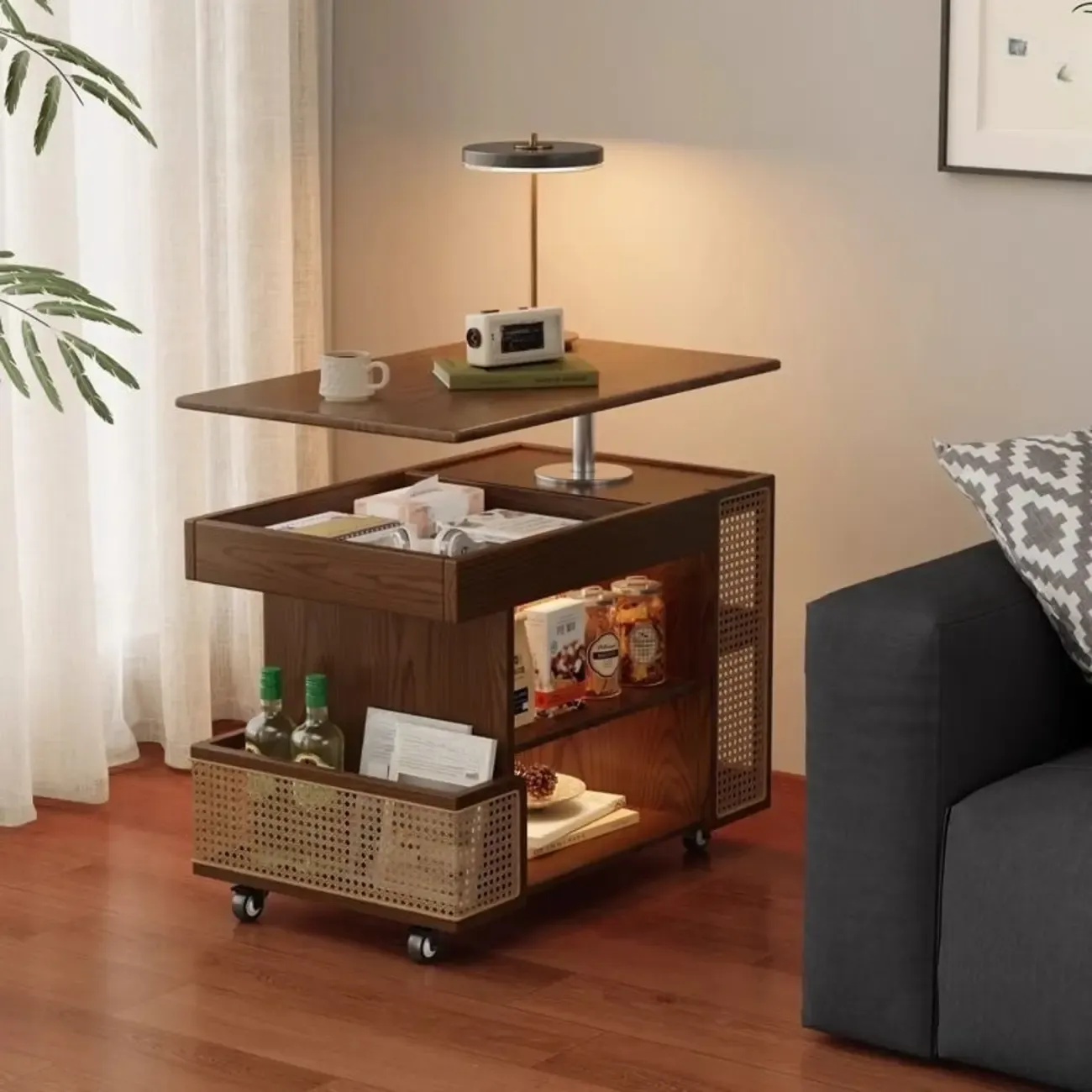 Swivel Tabletop Adjustable Wood Side Table with Wheels