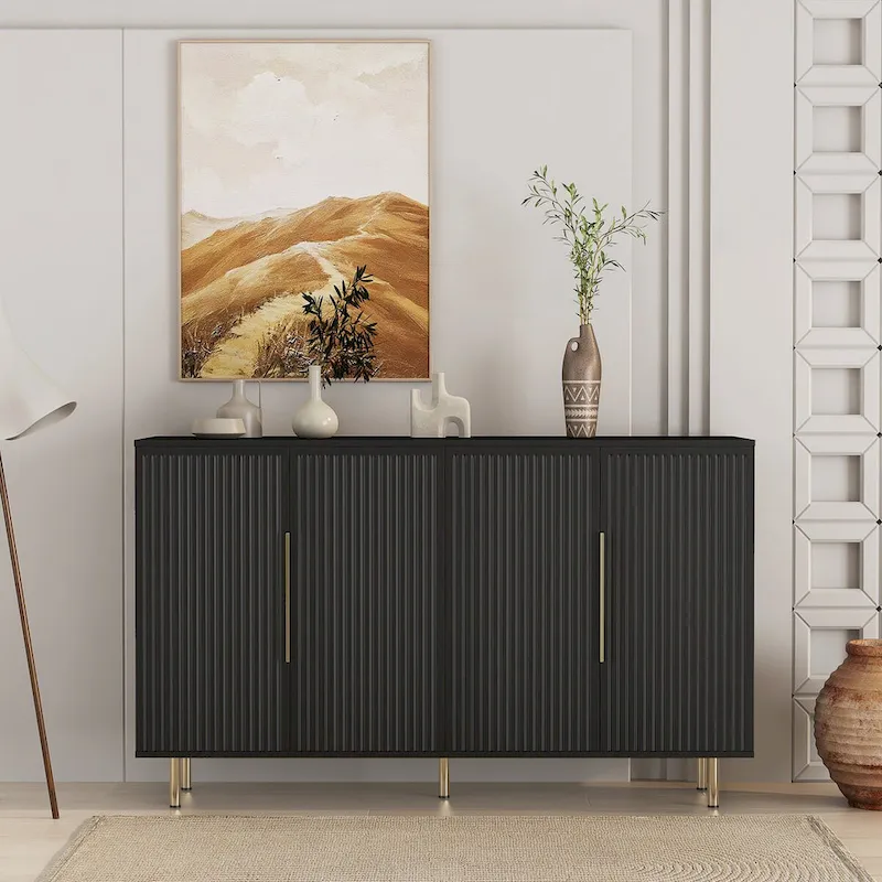 Black Modern Buffet Cabinet with Storage, Fluted Sideboard Large Buffet with Adjustable Shelves, Credenza, Accent Cabinet