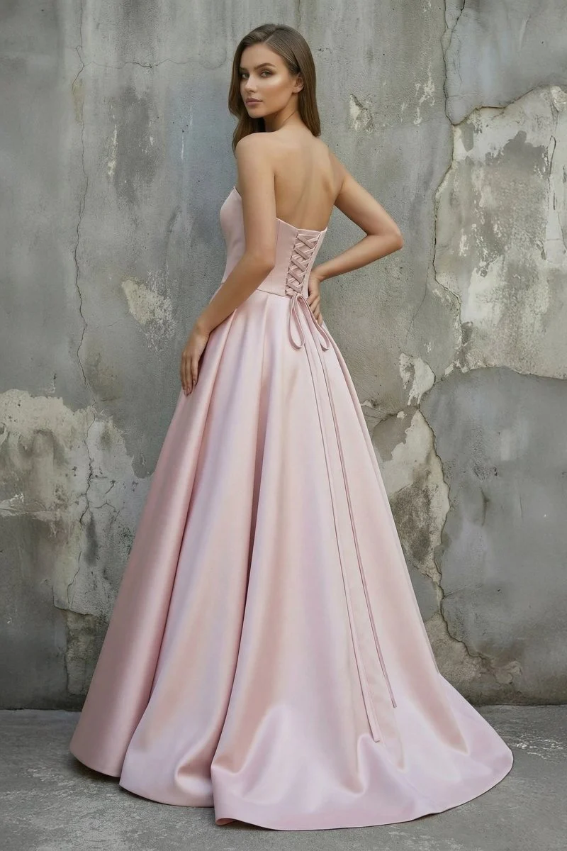 Sleeveless Satin A-Line Floor-Length Evening Gown Slit with Tulle Strapless Prom Dress
