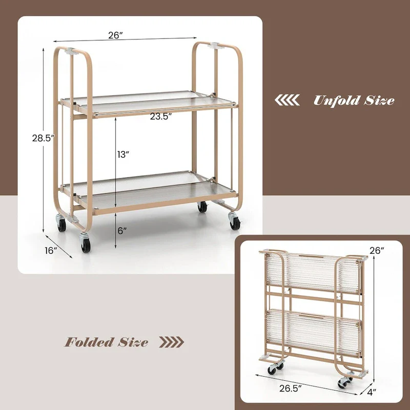 2-Tier Mobile Serving Cart with Tempered Glass Shelf-Golden - 26 x 16 x 28.5