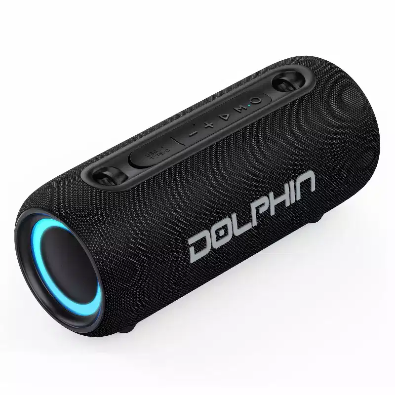 Dolphin Audio LX-30 Water-Resistant Portable Bluetooth Speakerphone with RGB Lights and Shoulder Strap, Black