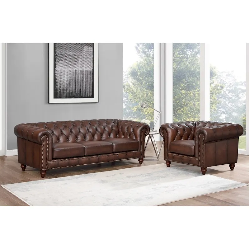 Top Grain Leather Chesterfield Sofa with Matching Accent Chair