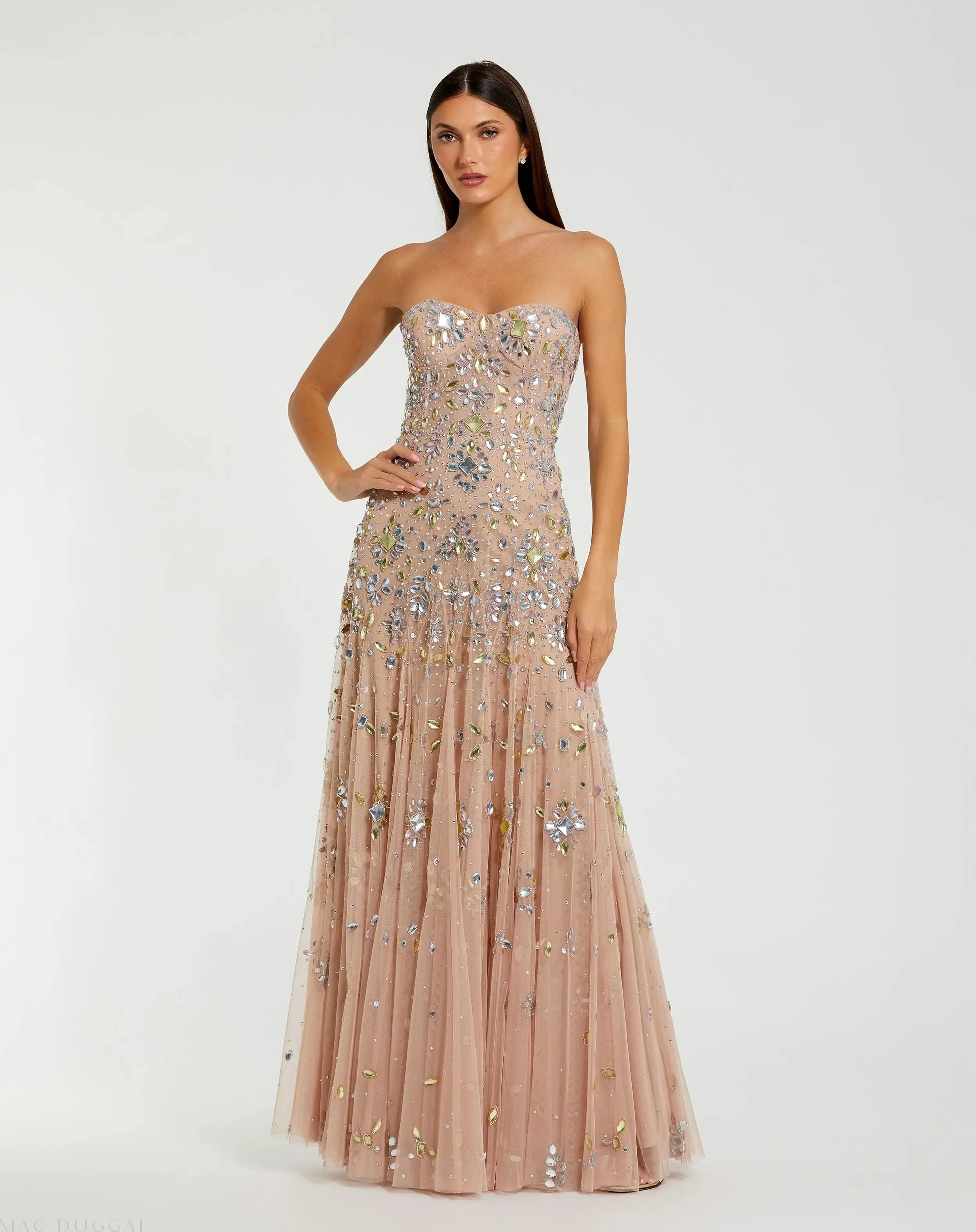 Pink Strapless Sweetheart Embellished Net Gown