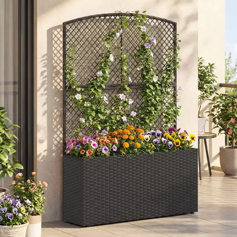 Costway 1/2 PCS 58 Raised Garden Bed with Trellis, Wicker Planter Box with Privacy Screen Brown/Black