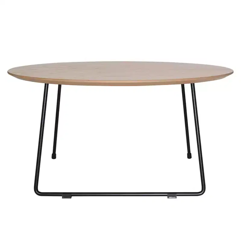 LeisureMod Pembroke Mid-Century Modern Round Coffee Table with Powder-Coated Iron Frame, Natural Wood Top