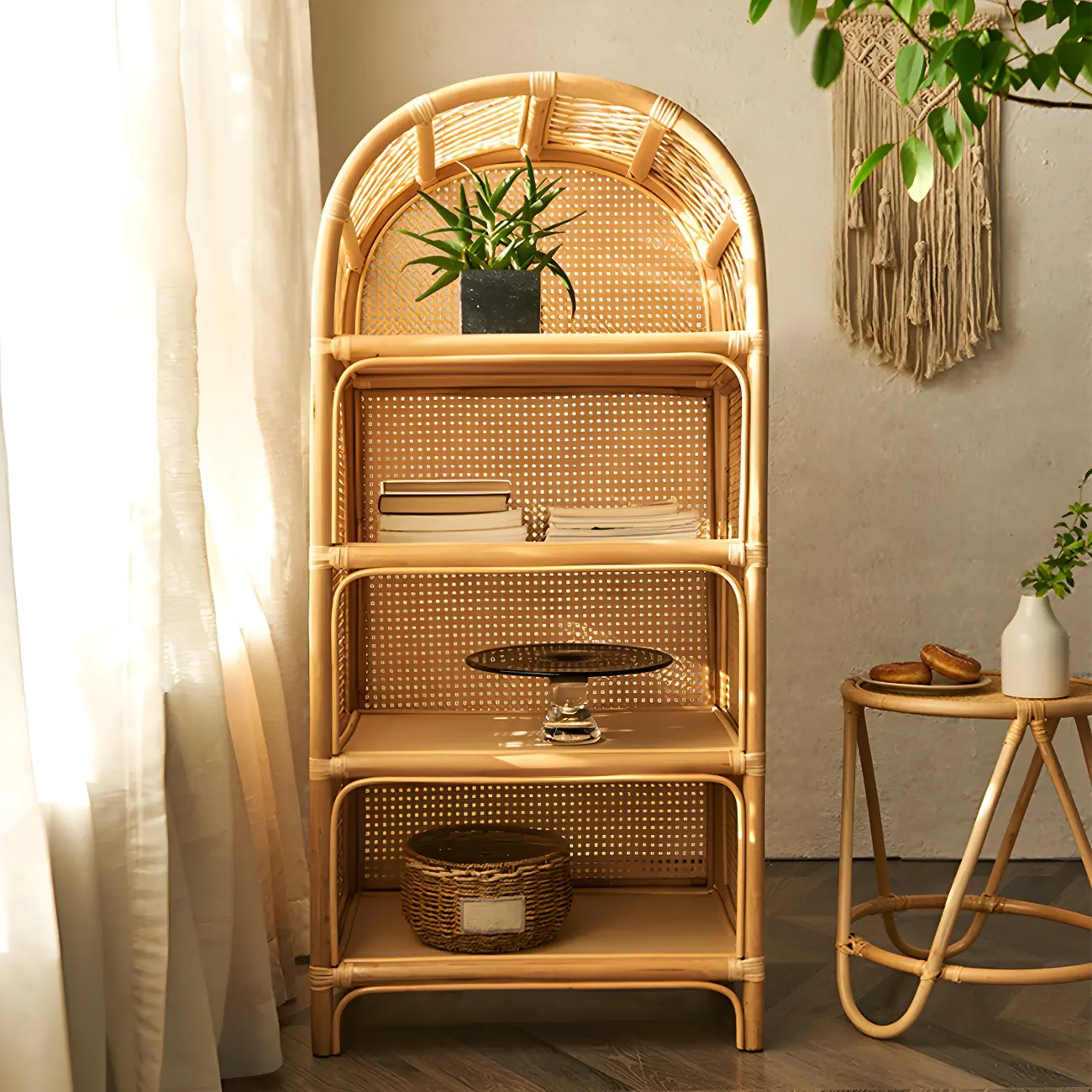 Light Wood Arch Rattan Bookshelf 5-Tier Bookcase