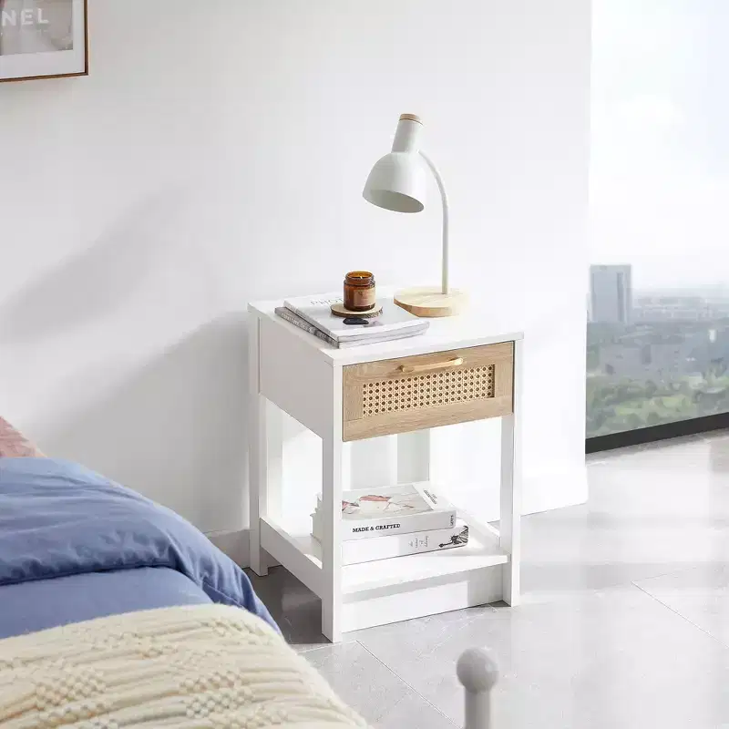 MAYEERTY Rattan End Table with Drawer, Modern Nightstand, Side Table for Living Room, Bedroom, White