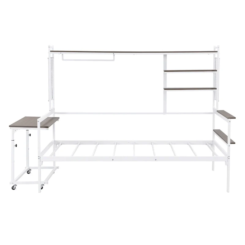 Metal Daybed with Movable Desk, Shelves and Clothes Hanger