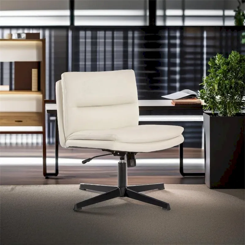 White PU Leather Armless Office Chair with Rocking Function & Metal Base – 1-Person