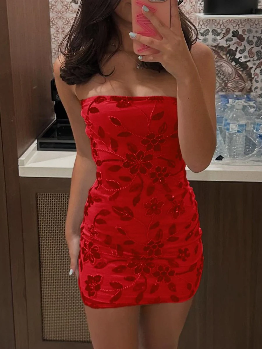 Red - Strapless Bodycon Beaded Floral Short Homecoming Dress