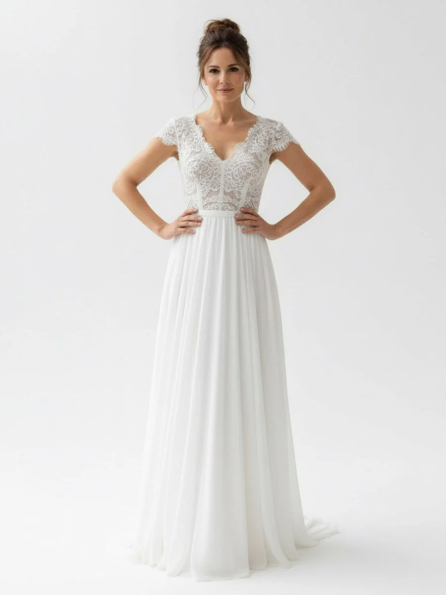 Boho See Through Lace V-Neck A-Line Chiffon Wedding Dress