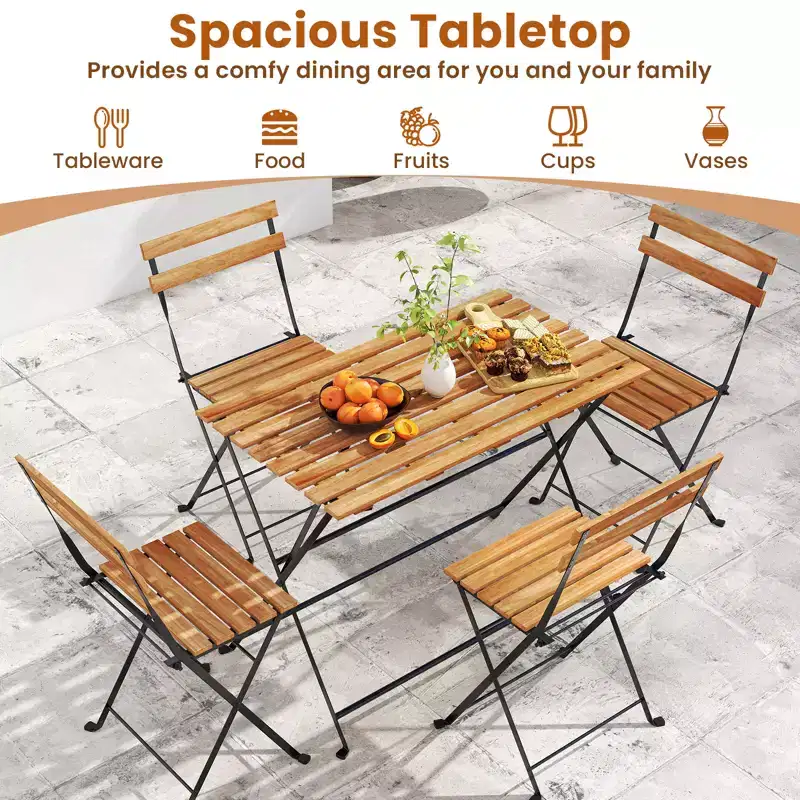 Costway 5 PCS Patio Acacia Wood Dining Set w/ 4 Folding Chairs Slatted Seat & Tabletop