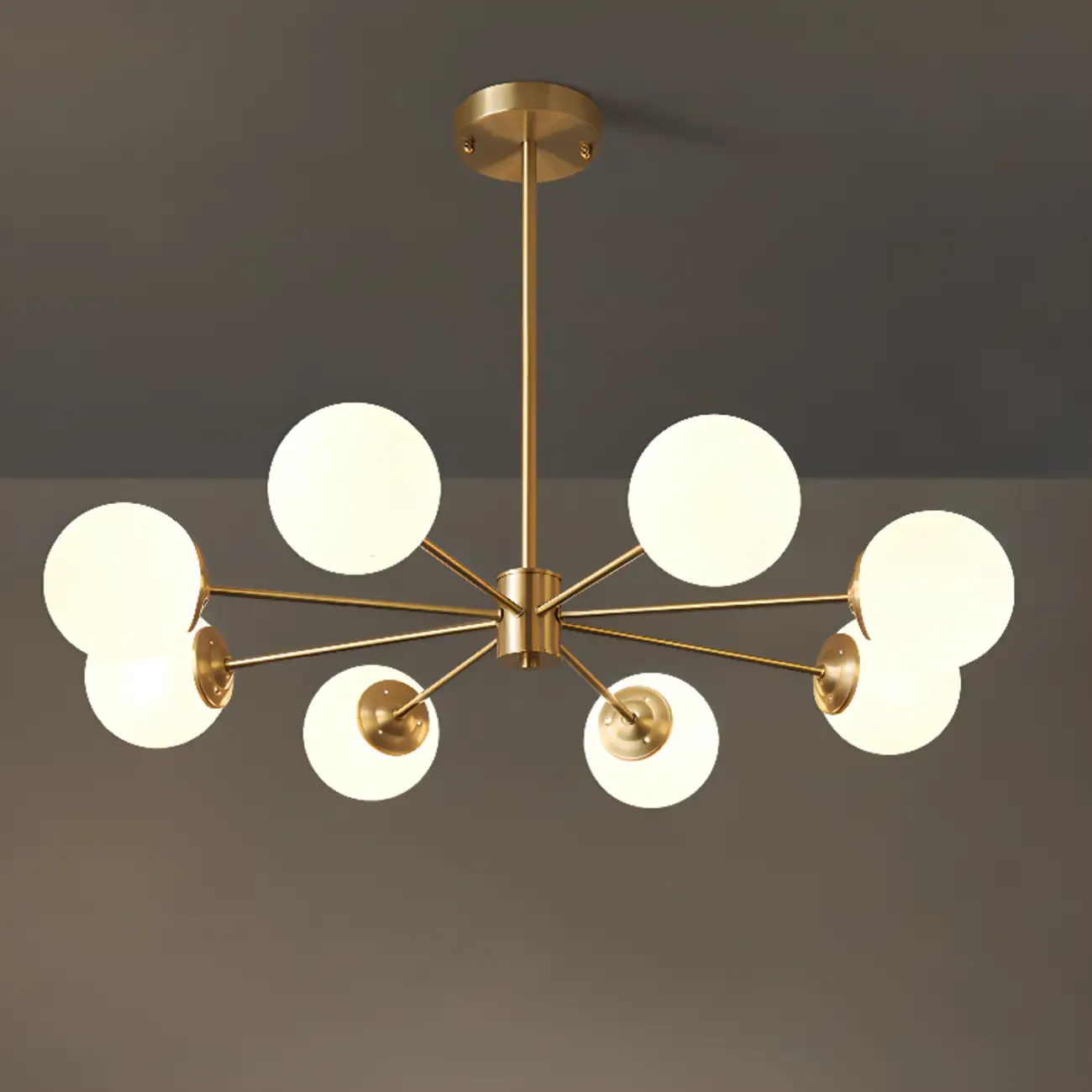 Modern Gold Sputnik Chandelier with White Glass Globe