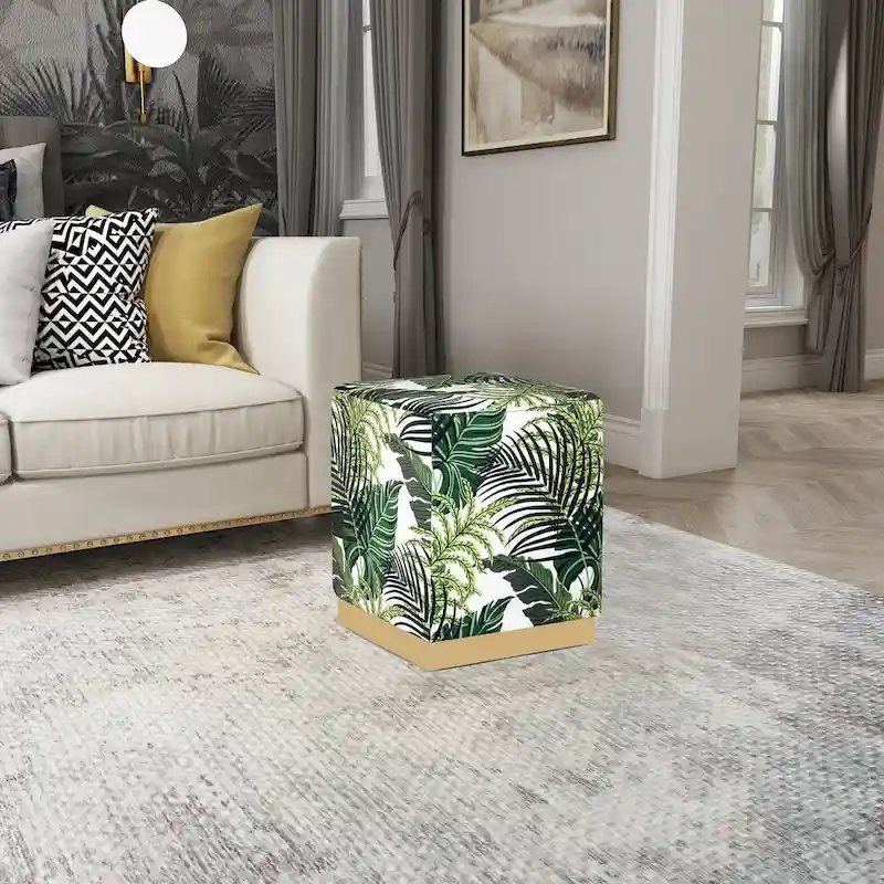 Adeco Square Velvet Ottoman Upholstered Stool Vanity Gold Plating Base