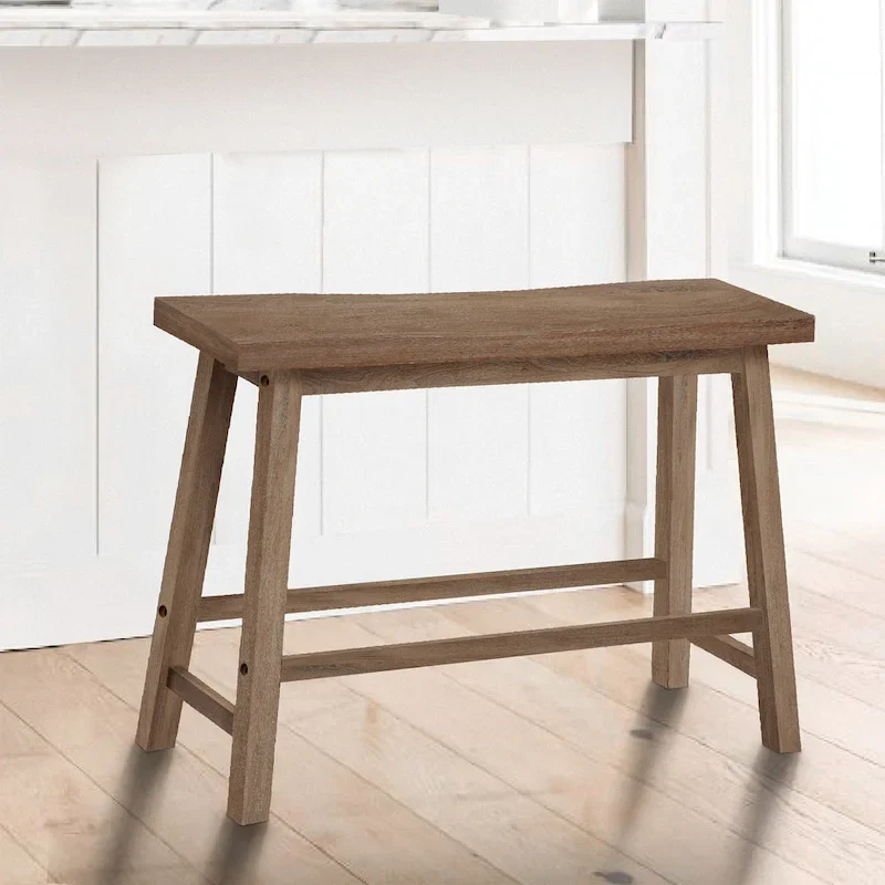 Antique Brown Acacia Wood Saddle Seat Bench with Angled Frame, Farmhouse Style, 1-Person