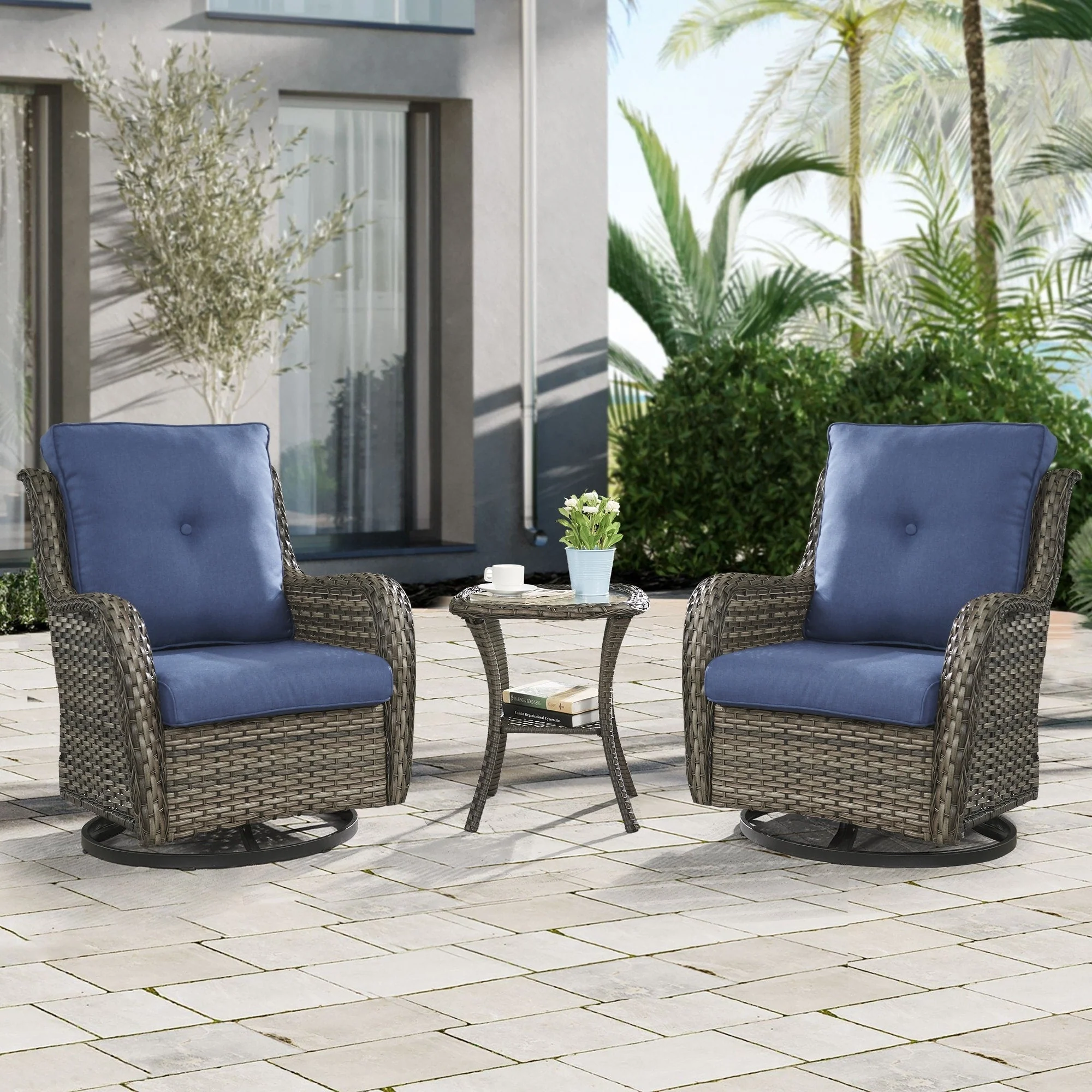 Gymojoy 3 Piece Outdoor Wicker Swivel Rocker with Cushion & Table