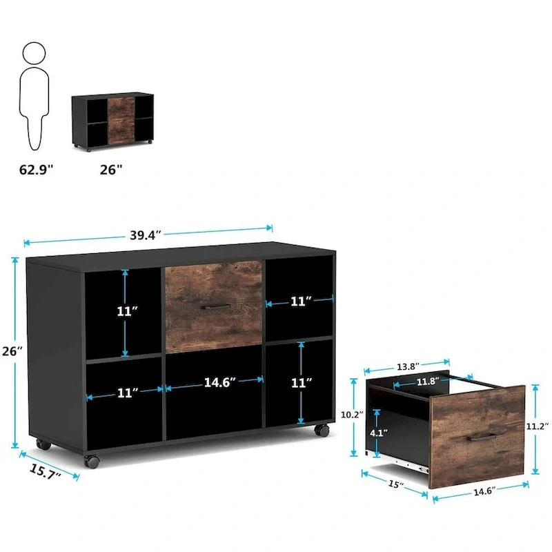 Mobile Lateral File Cabinet with 2 Drawers, Filing Cabinet Printer Stand