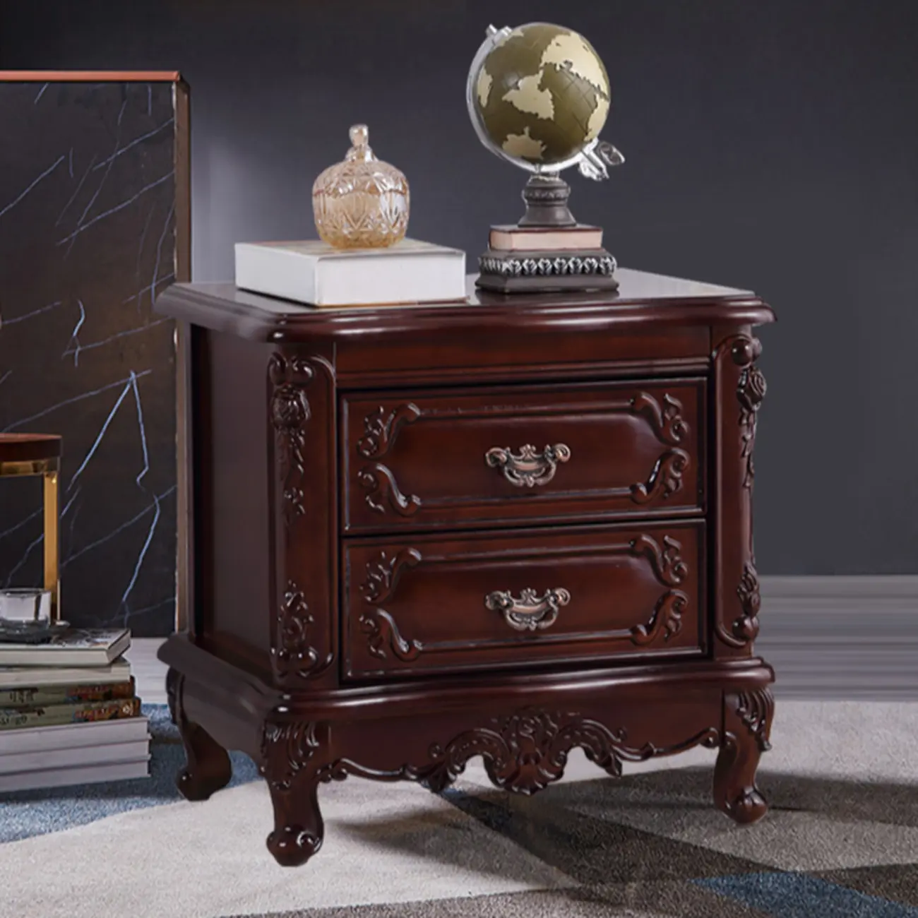 Traditional Carved Wood 2-Drawer Nightstand