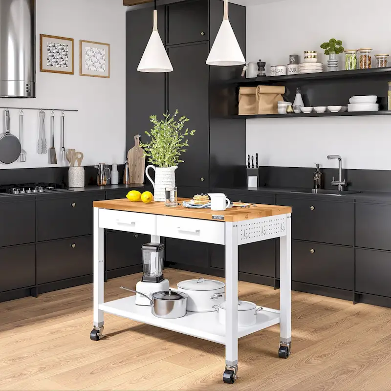 Seville Classics HOME Work Center Island Table with Solid Wood Top, 48 W x 24 D x 36 H, White