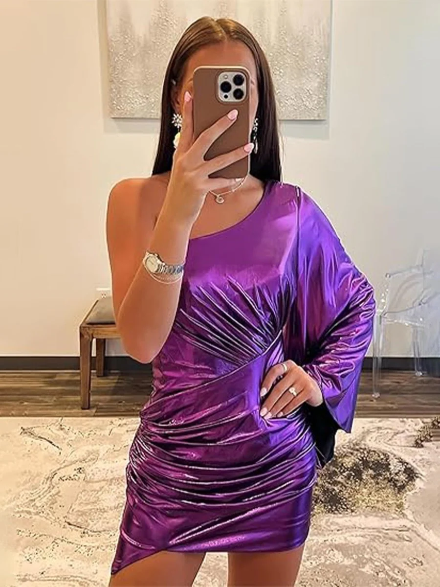Purple - One Shoulder Bodycon Metallic Pleated Homecoming Dress
