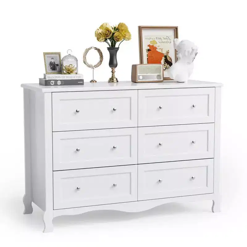 Karl Home White P2 Density Board Painted 47.2in 6 Drawer French Curved Legs