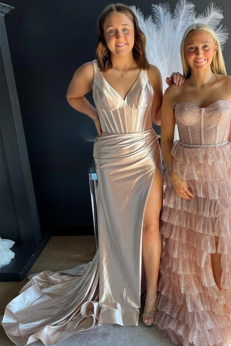 Grape Mermaid Satin V Neck Long Prom Dress with Slit