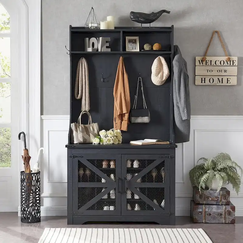 42 Wide Farmhouse Entryway Bench with Coat Rack, Mudroom Cabinet