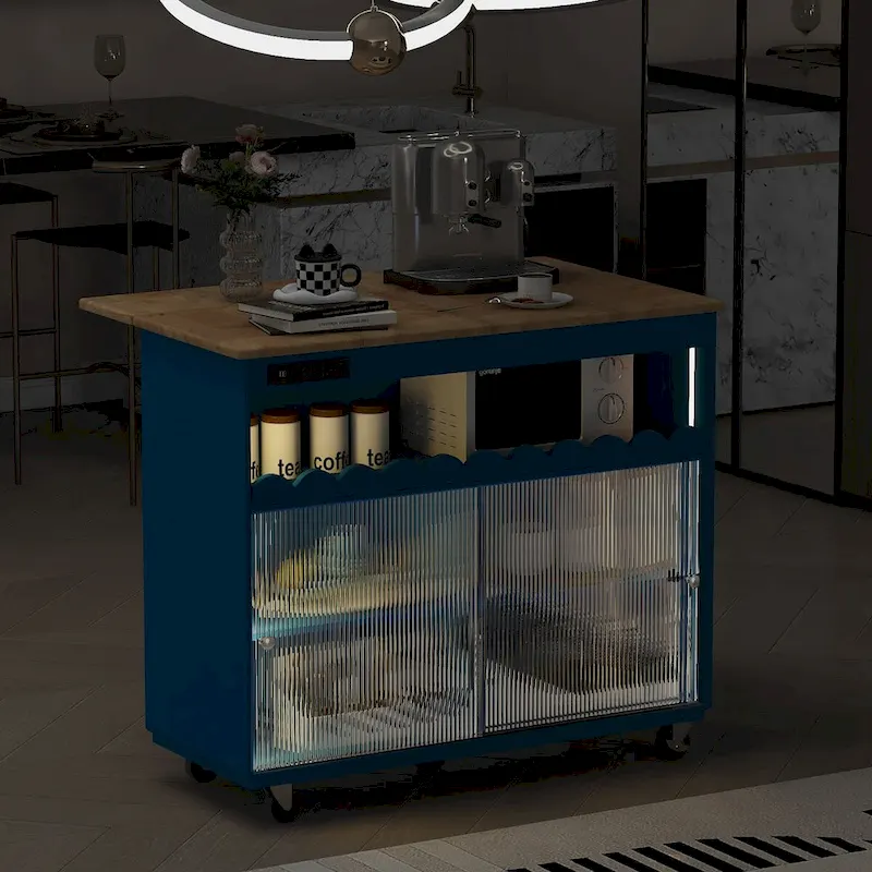 44 in. W Kitchen Island Rubberwood Drop-Leaf Countertop on 5 Wheels with Open Shelf and Wine Rack - 44