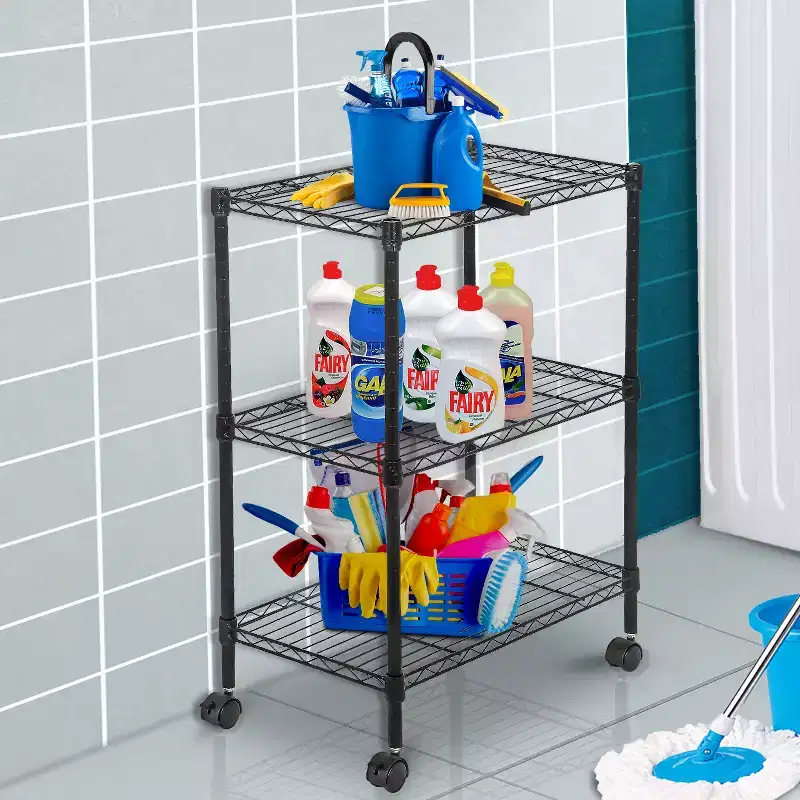 FDW 3-Tier Adjustable Metal Storage Rack with Wheels, Black
