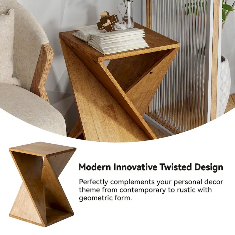 COZAYH Farmhouse End Table Square Solid Wood Side Table Rustic Plant Stand With Twisted Design, Natural Wood, Black