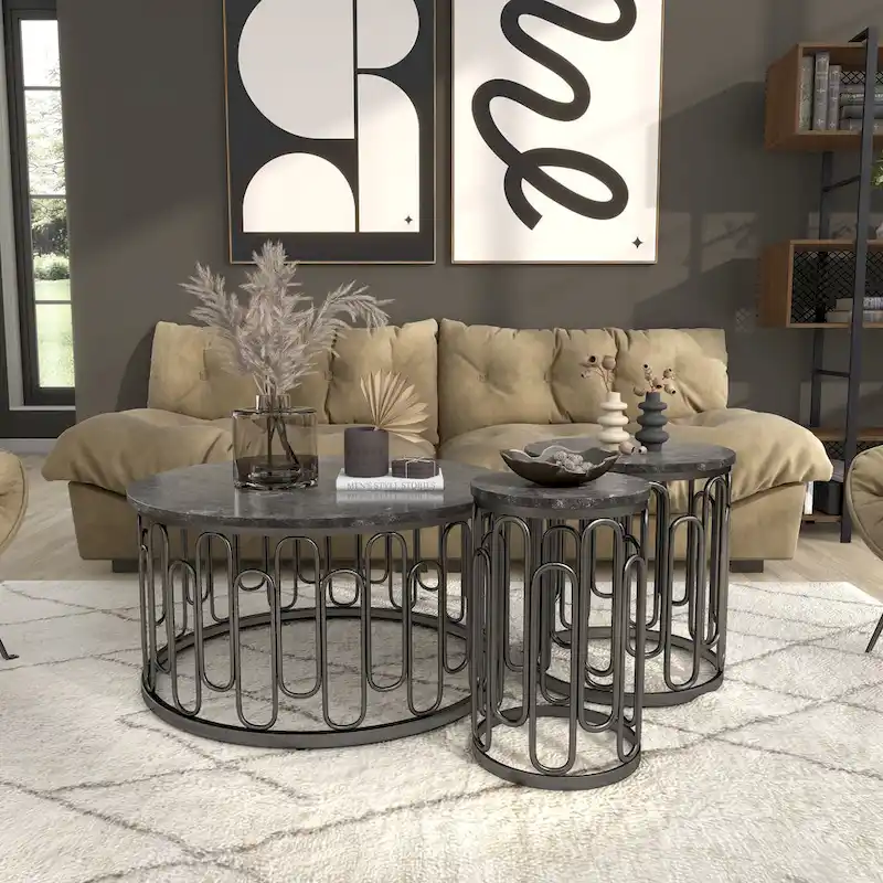 Modern 3-Piece Round Table Set with Marble Top and Decorative Metal Base