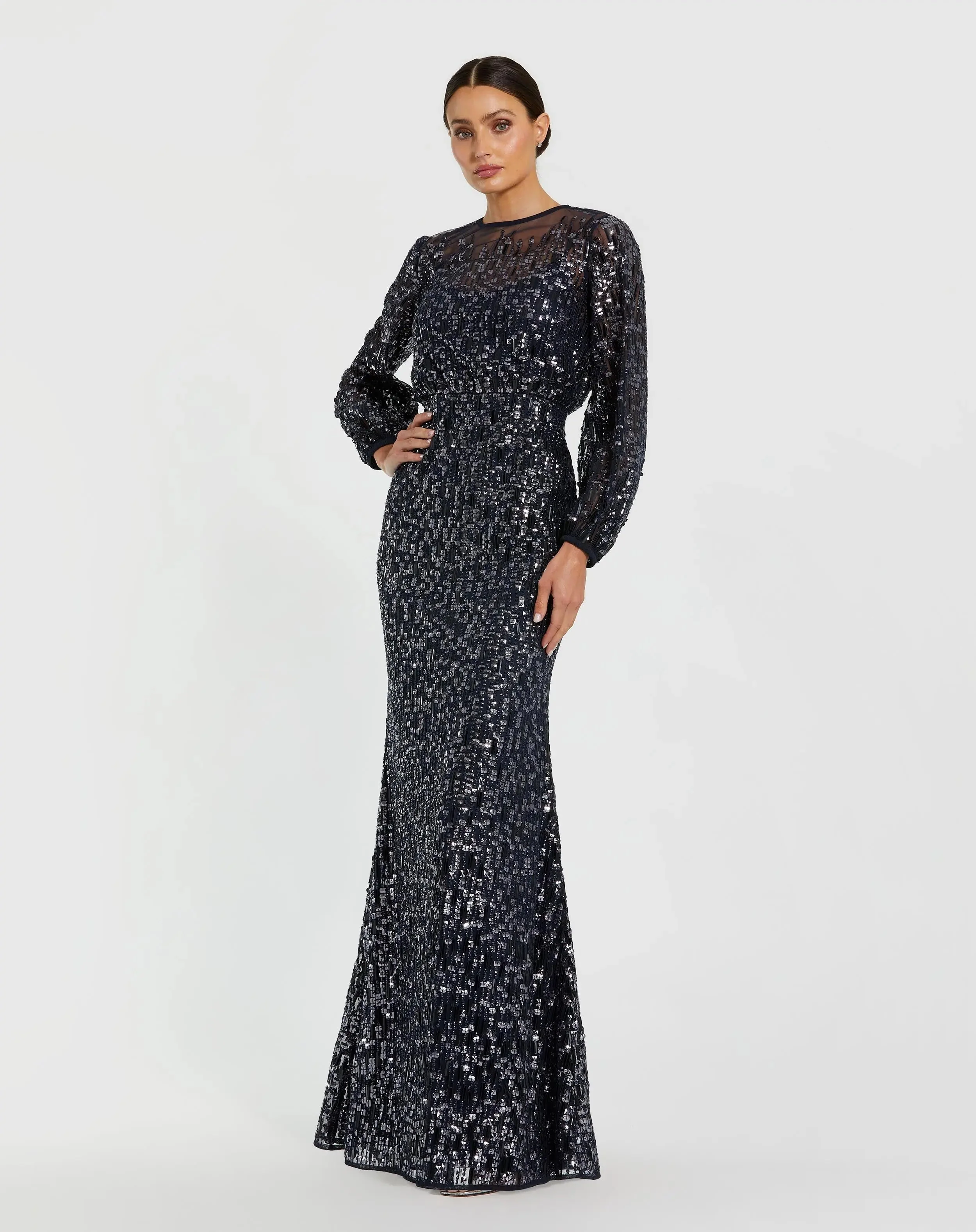 Navy Sequin Long Sleeve Blouson Evening Gown
