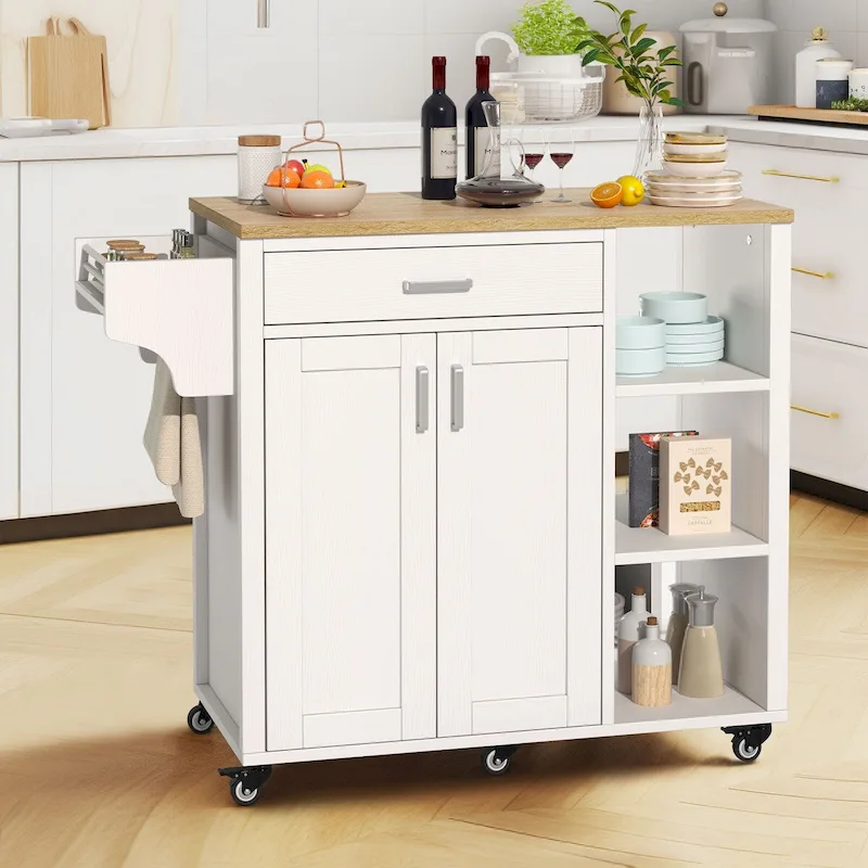 Rolling Kitchen Island on Wheels with Drawer Open Shelves & Doors
