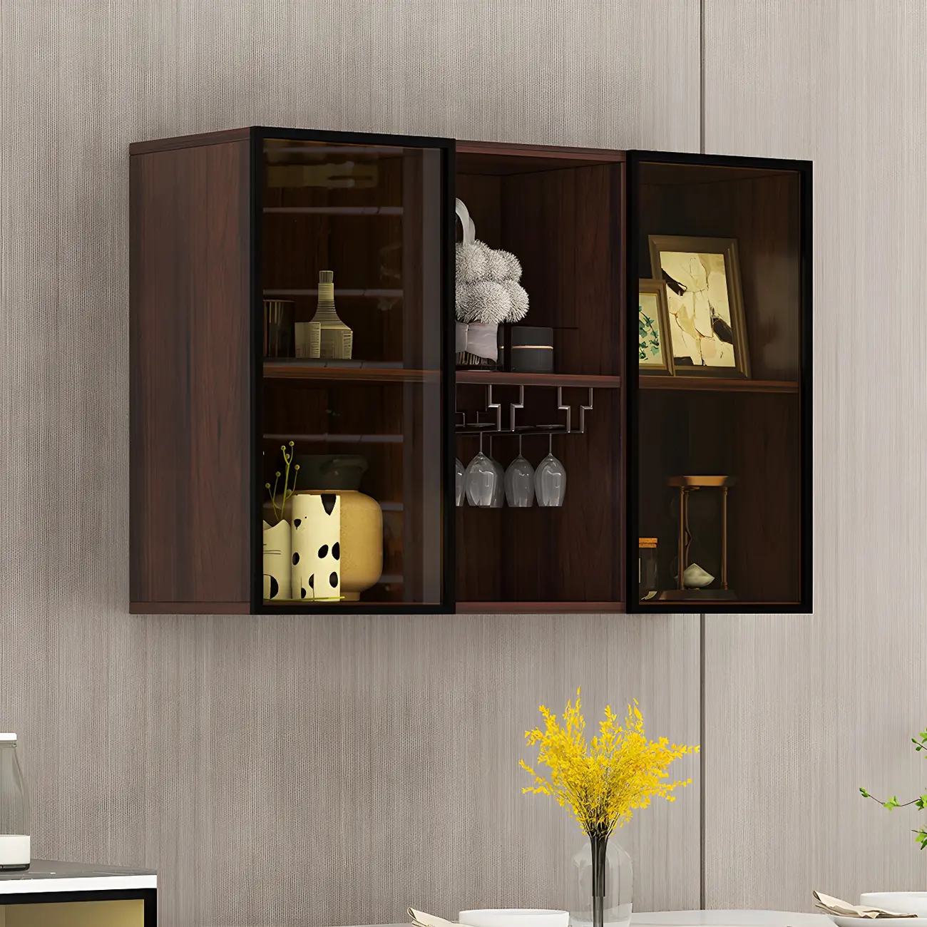 Rectangular Wood Wall-Mounted Glass Doors Display Cabinet