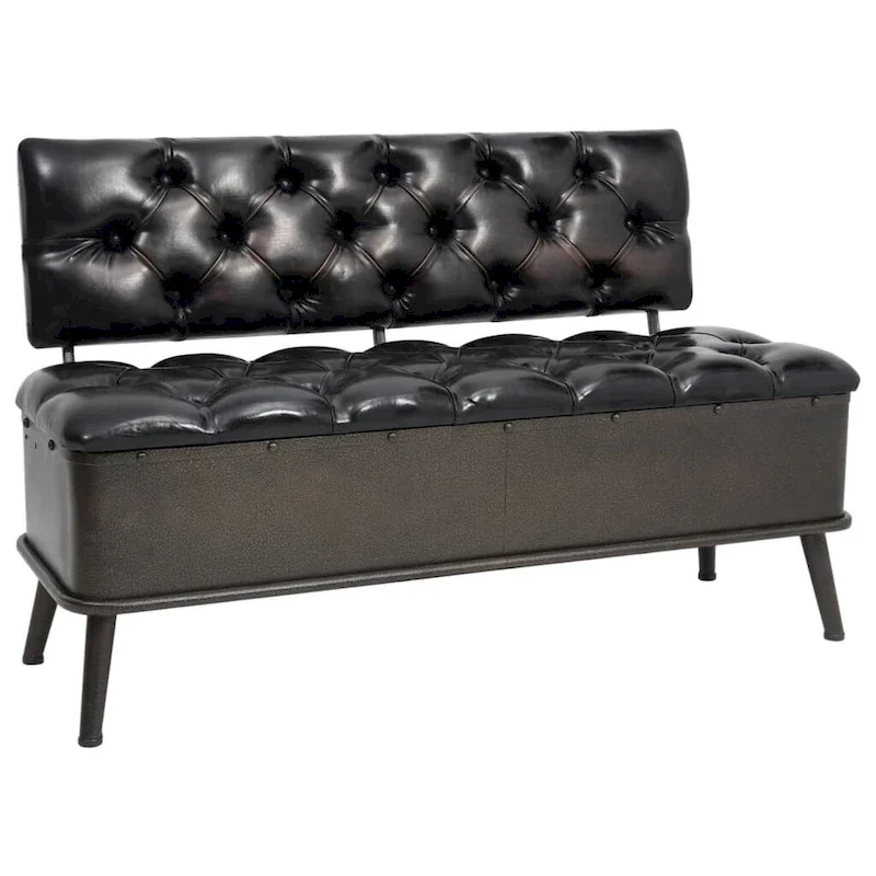 Black Faux Leather Storage Bench with Backrest, 1-Person