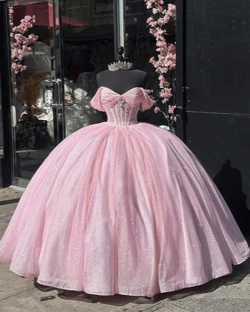 Glitter Off The Shoulder Pink Ball Gown Quinceanera Dresses