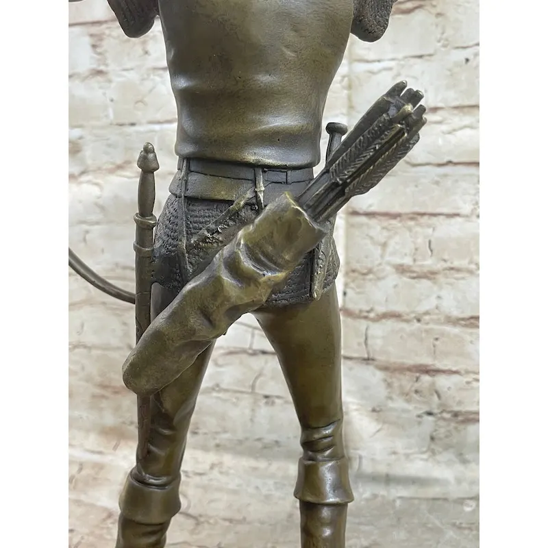 Medieval English British Longbow Bowman Archer Bow Arrow Bronze Statue Sculpture Marble Base