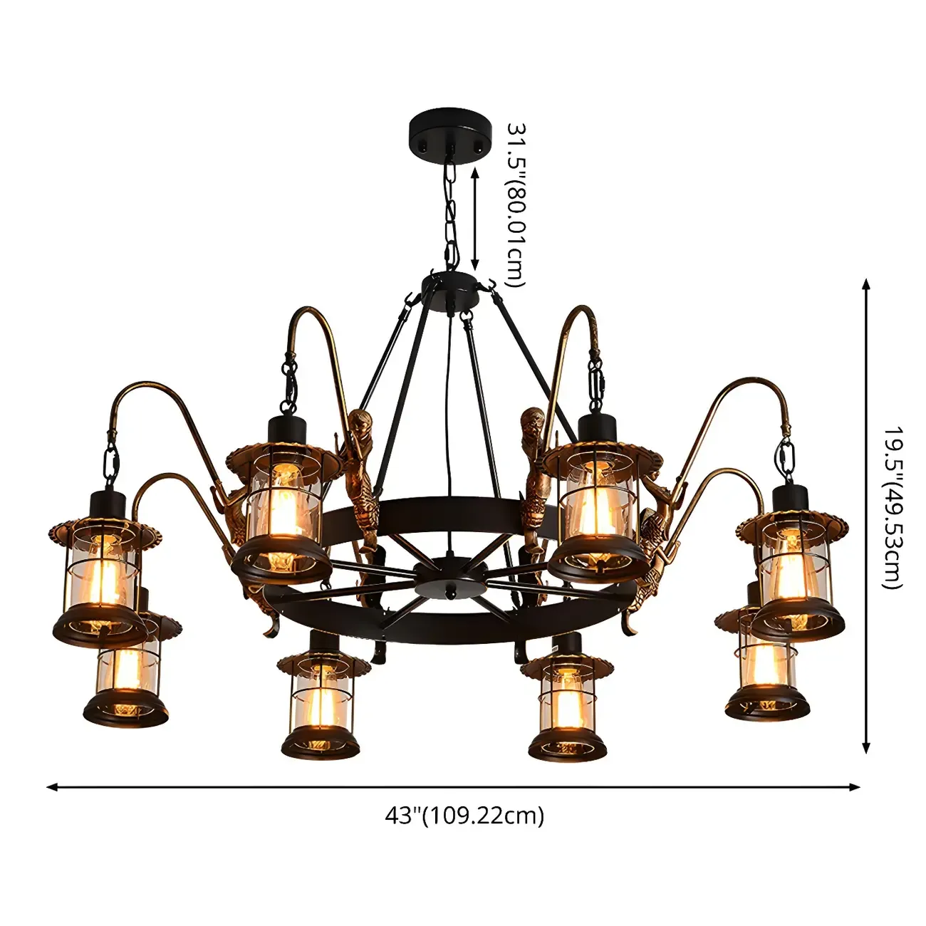 Industrial Black Metal Lantern Wheel Chandelier