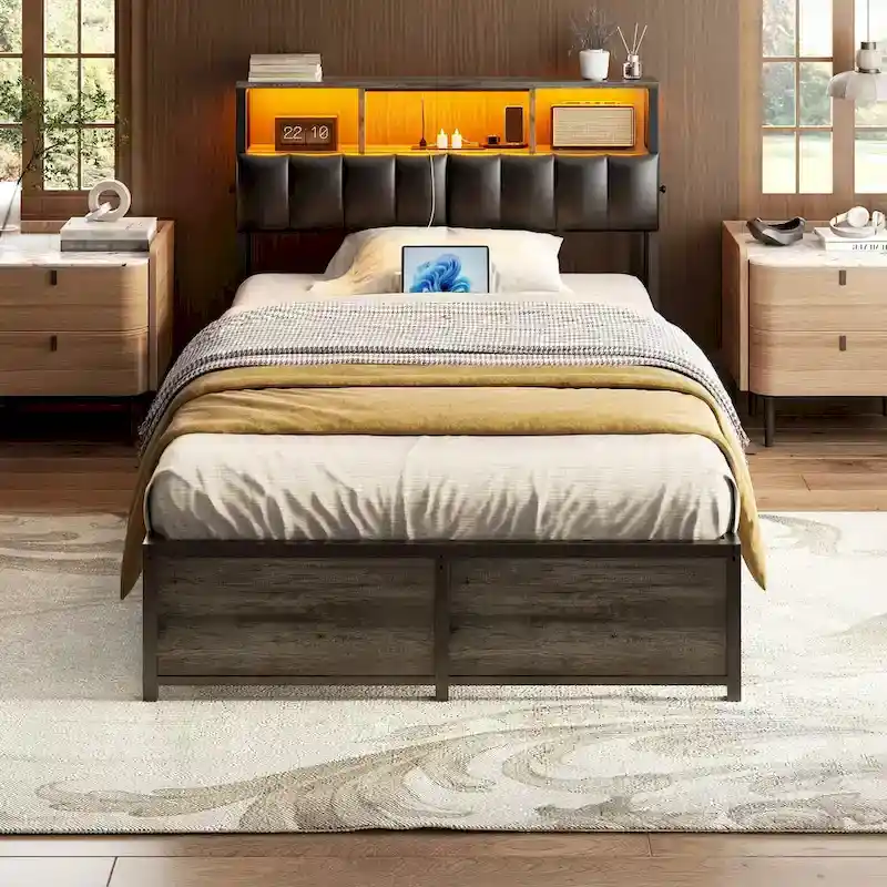 Upholstered Headboard with Hidden Drawer, Head Board with Power Outlet and LED Light