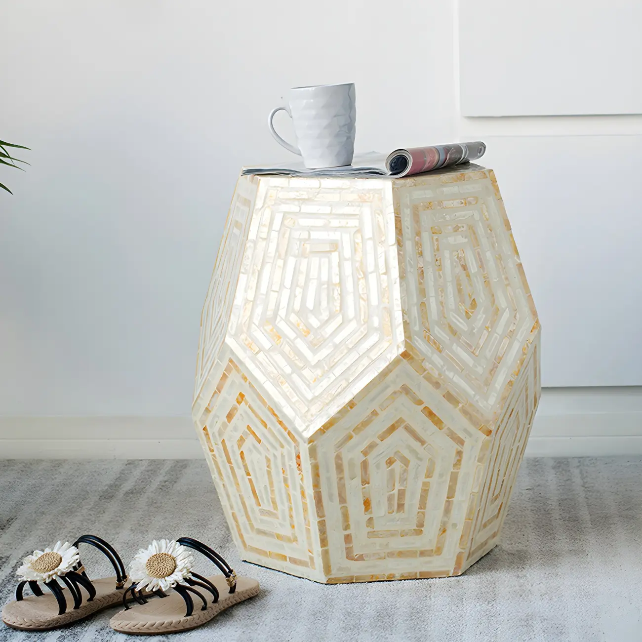 Tropical Mosaic Wooden Round Side Table