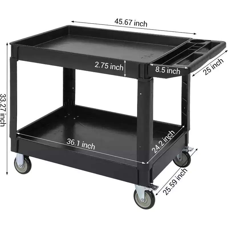 Utility Service Cart 2 Shelf 500 Lbs, 2 Tier Heavy Duty Rolling Tool Cart On Wheels for Warehouse, Garage, Kitchen, 4525