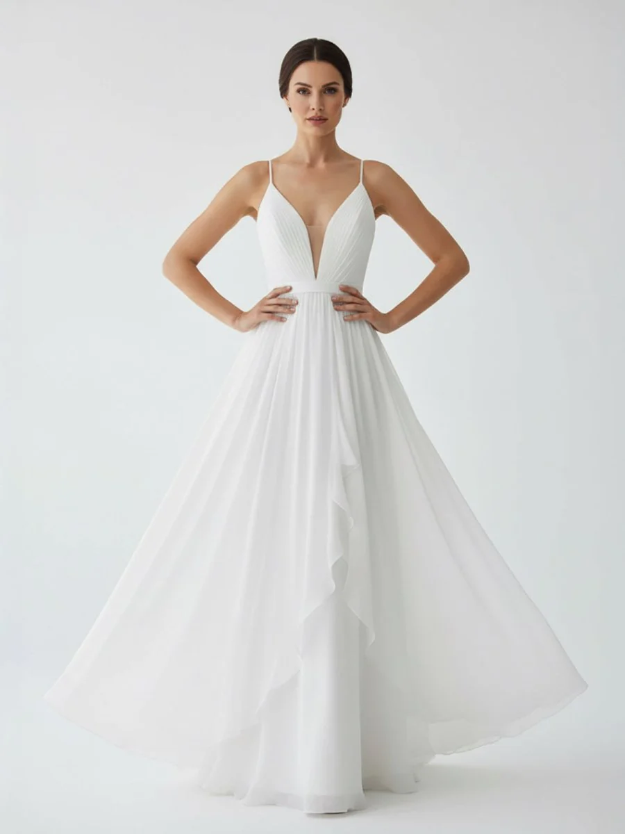 A-Line V Neck Straps Spaghetti Sheath Chiffon Wedding Dress
