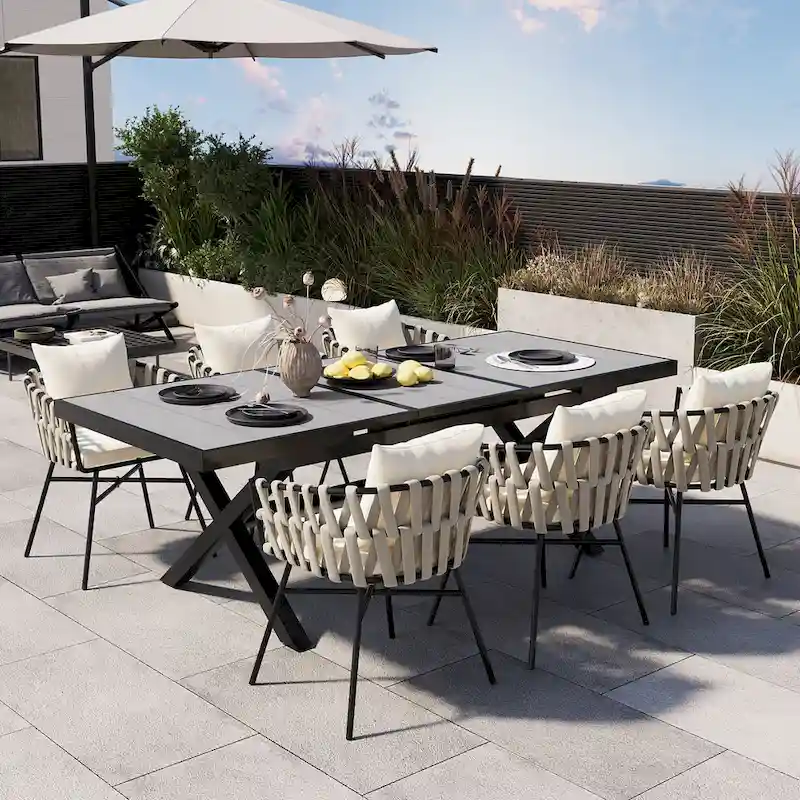 Iron Frame 7-Pieces Outdoor Dining Table with 6 Single Chairs