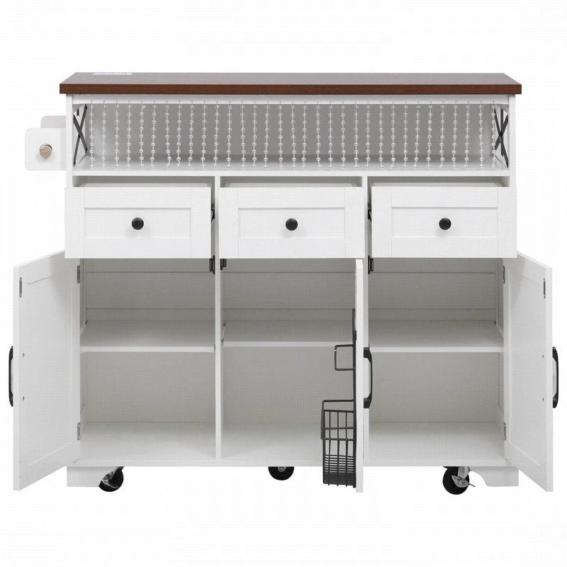 Farmhouse 46.5 Kitchen Island with Power Outlet, Rolling Kitchen Cart on Wheels with Drop Leaf