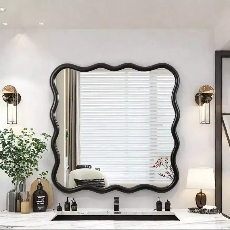 36 Square Wavy Wood Wall Mirror, Modern Squiggle Solid Wood Frame Decorative Mirror for Entryway, Bedroom - Panipeachy